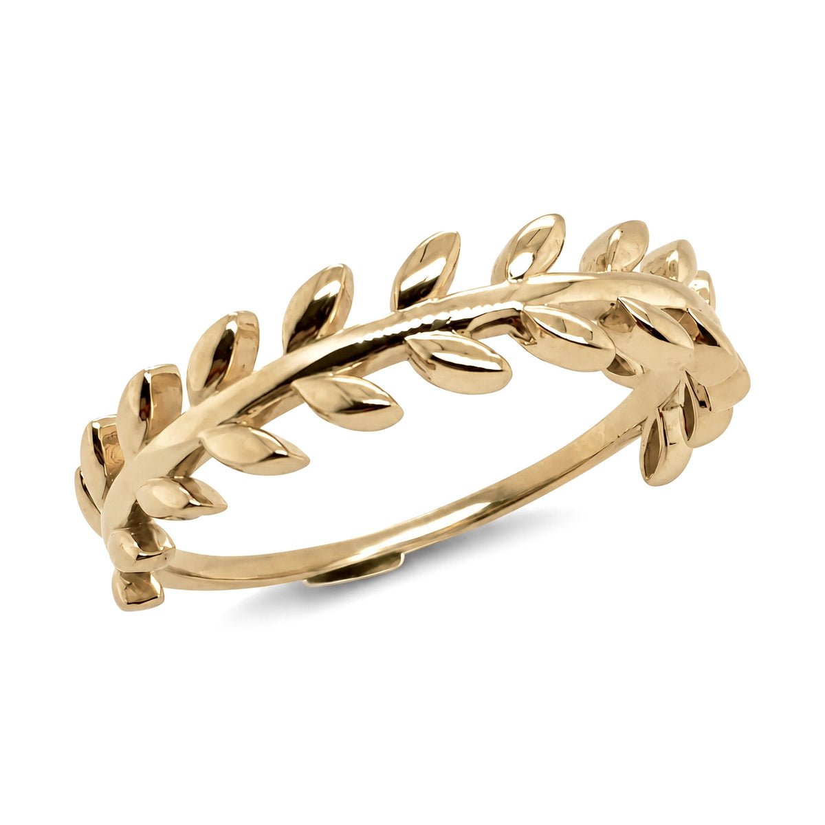 14K yellow gold olive leaf ring, leaves wrapping the top half of a slim band, on white