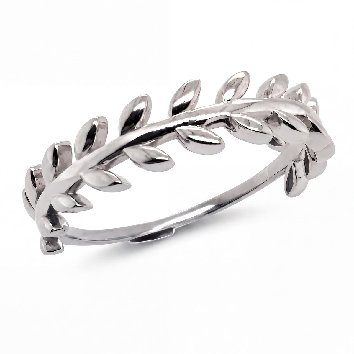 14K white gold olive leaf ring, polished leaves along a slim band, on white