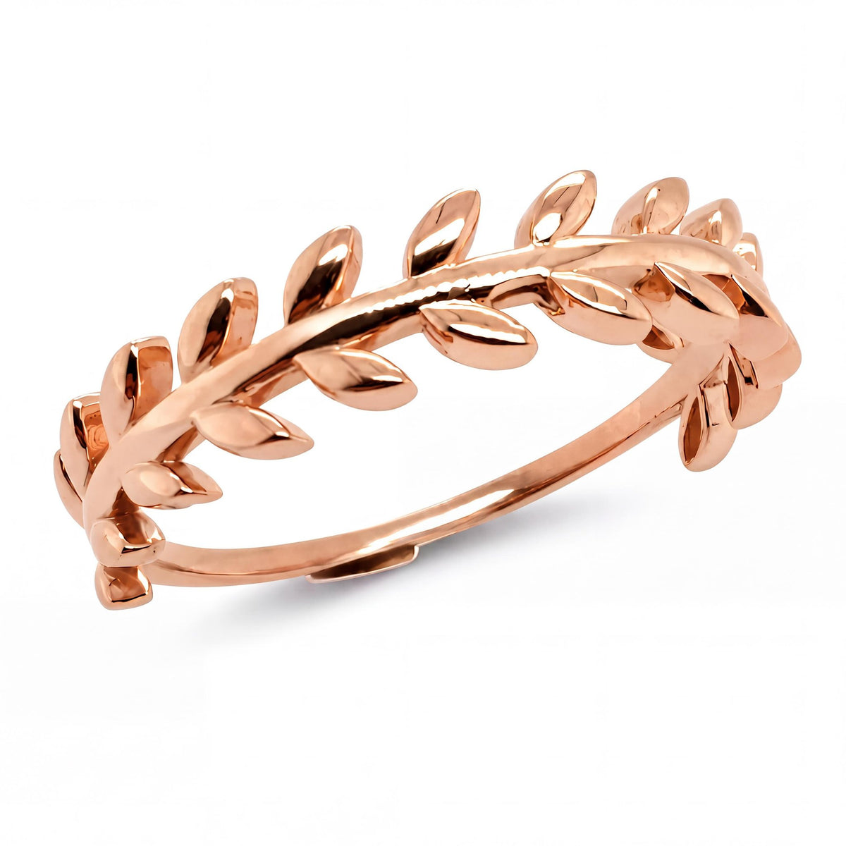 14K rose gold olive leaf ring, polished leaves along a slim band, on white