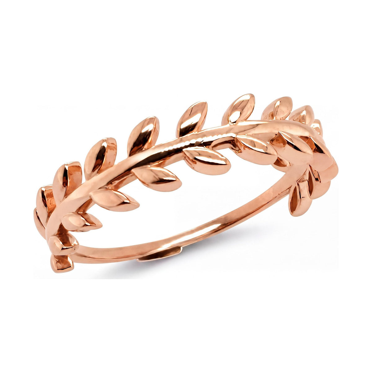14K rose gold olive leaf ring, polished leaves along a slim band, on white