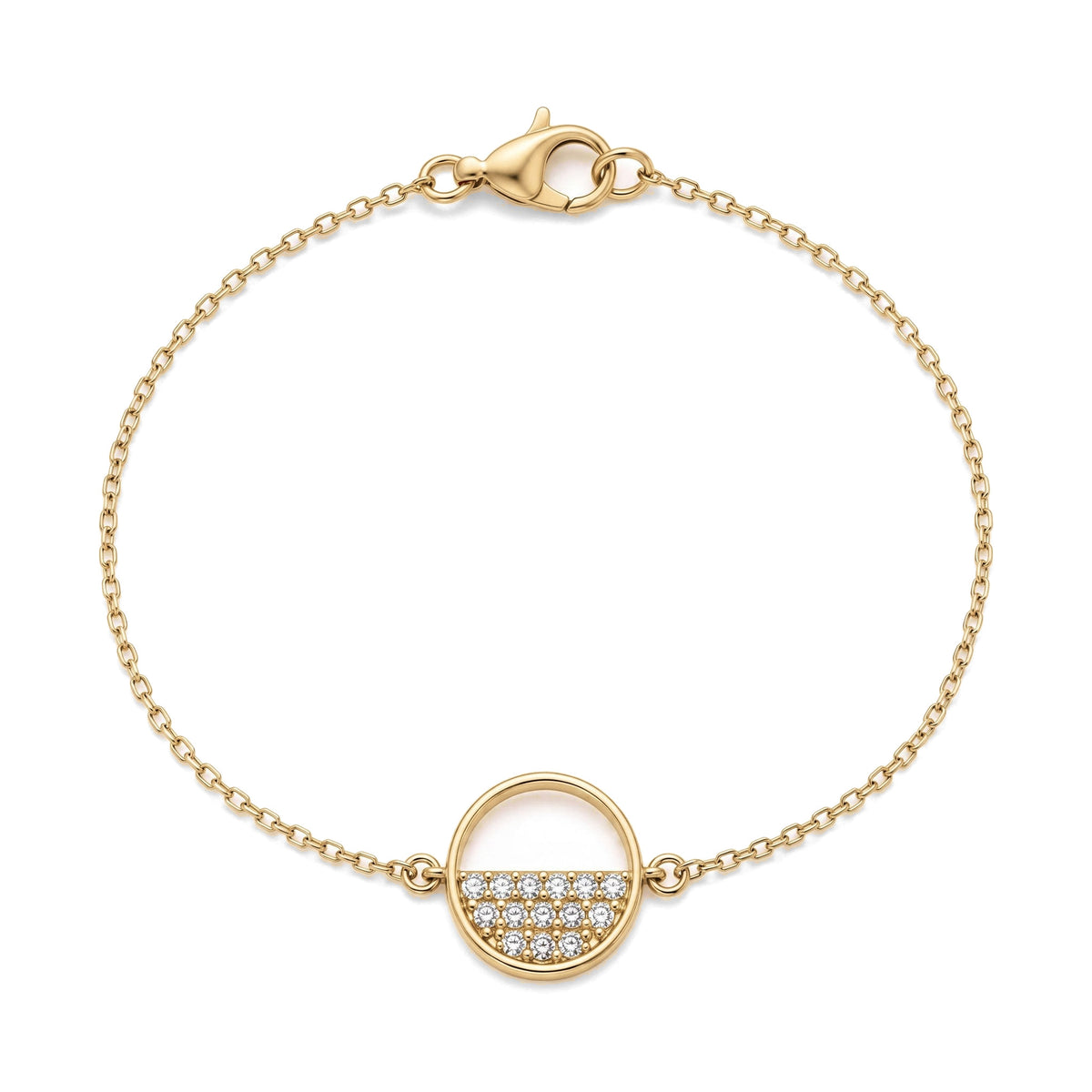 14K yellow gold open circle bracelet, ring charm half filled with clear stones on a cable chain, on white