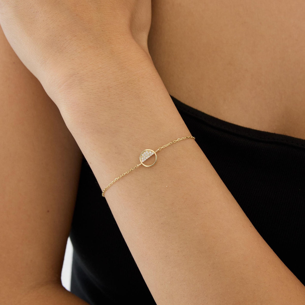 14K gold open circle bracelet, styled view