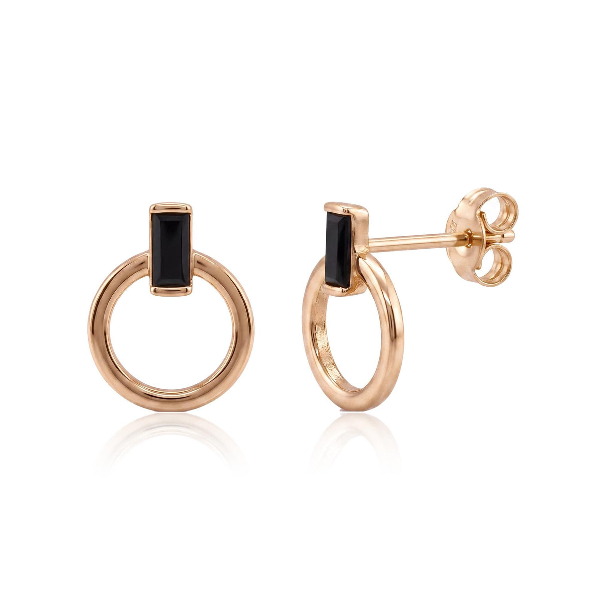 14K rose gold open circle stud earrings with black baguette stone, front and side view on white background