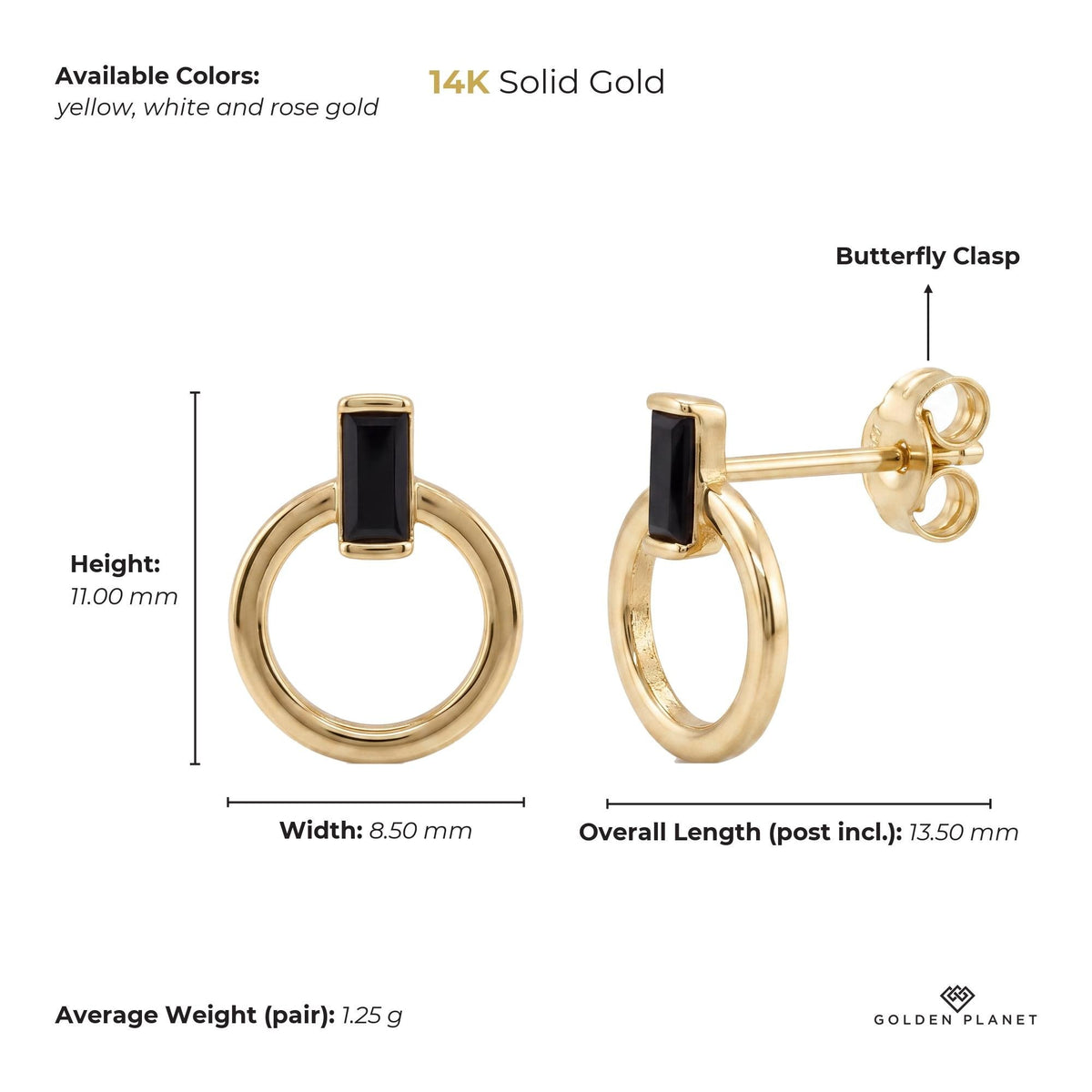Size chart for the 14K gold open circle stud earrings showing available colors, height, width, stone size, overall length