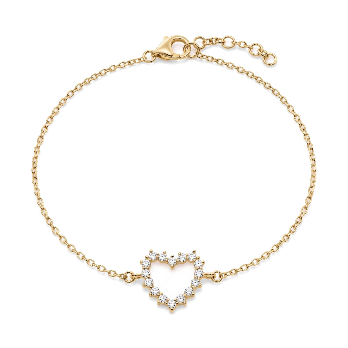 14K yellow gold open heart bracelet, heart outline set with clear stones on a cable chain with extender, on white