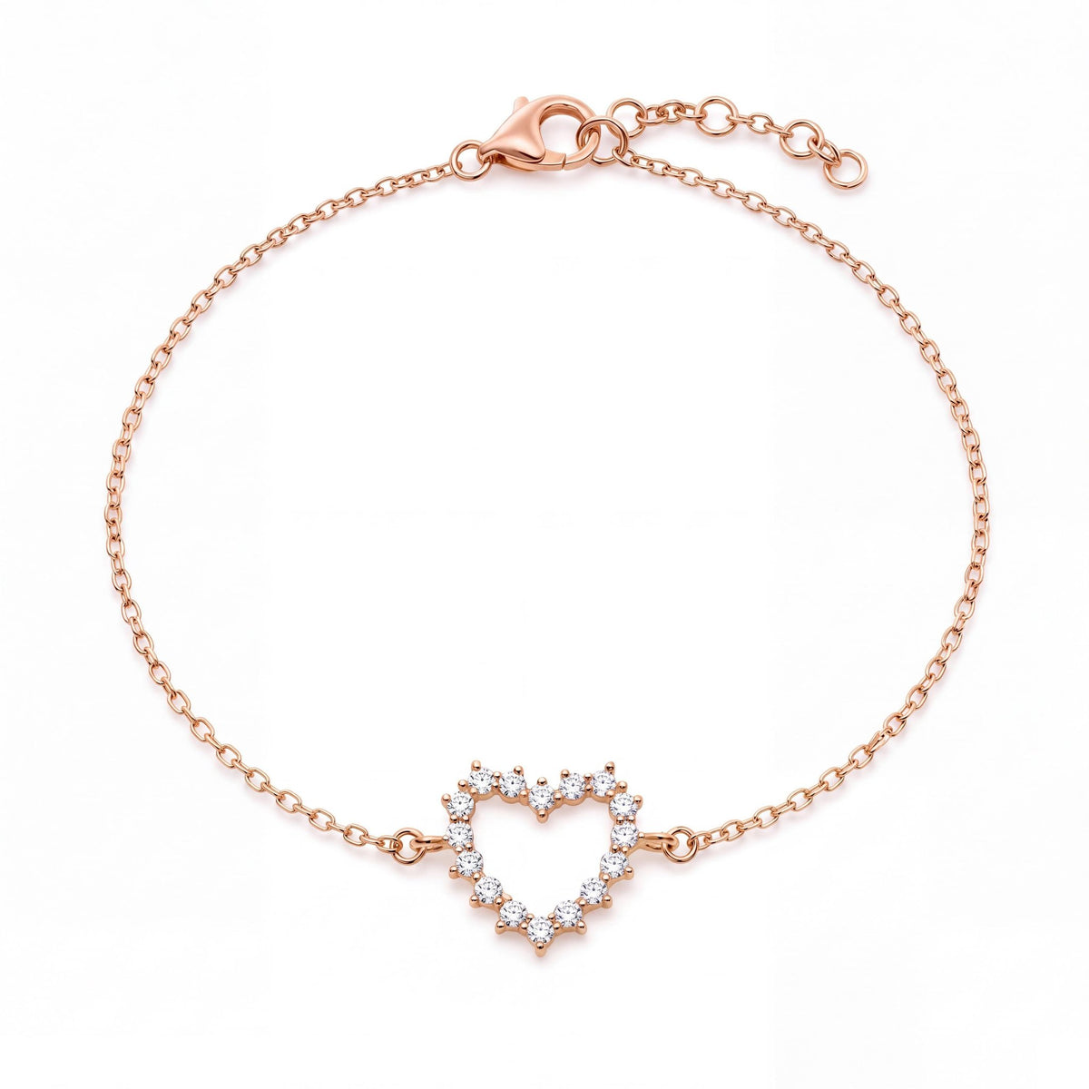 14K gold open heart bracelet in rose gold, product photo