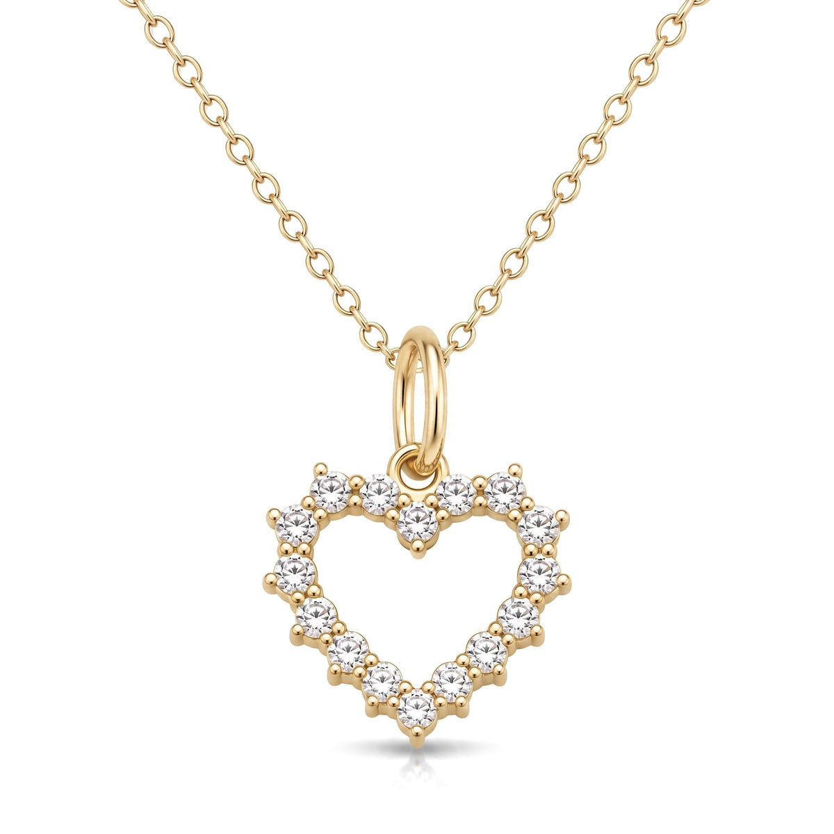14K yellow gold open heart necklace, heart outline pendant set with round clear stones, on white