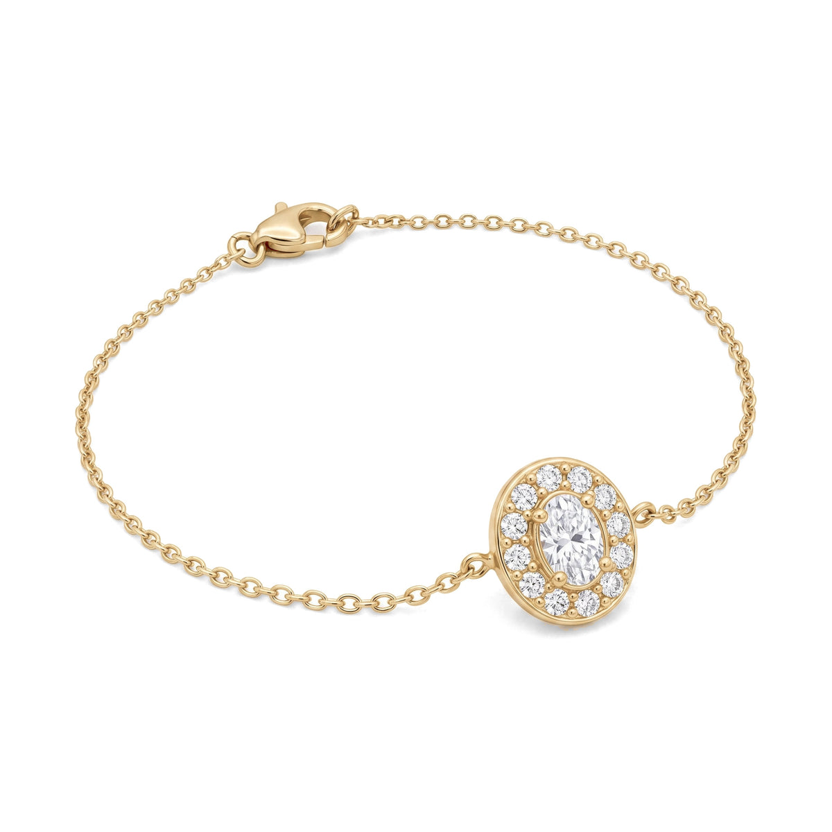 14K yellow gold oval birthstone bracelet, clear oval stone in a halo of small stones on a cable chain