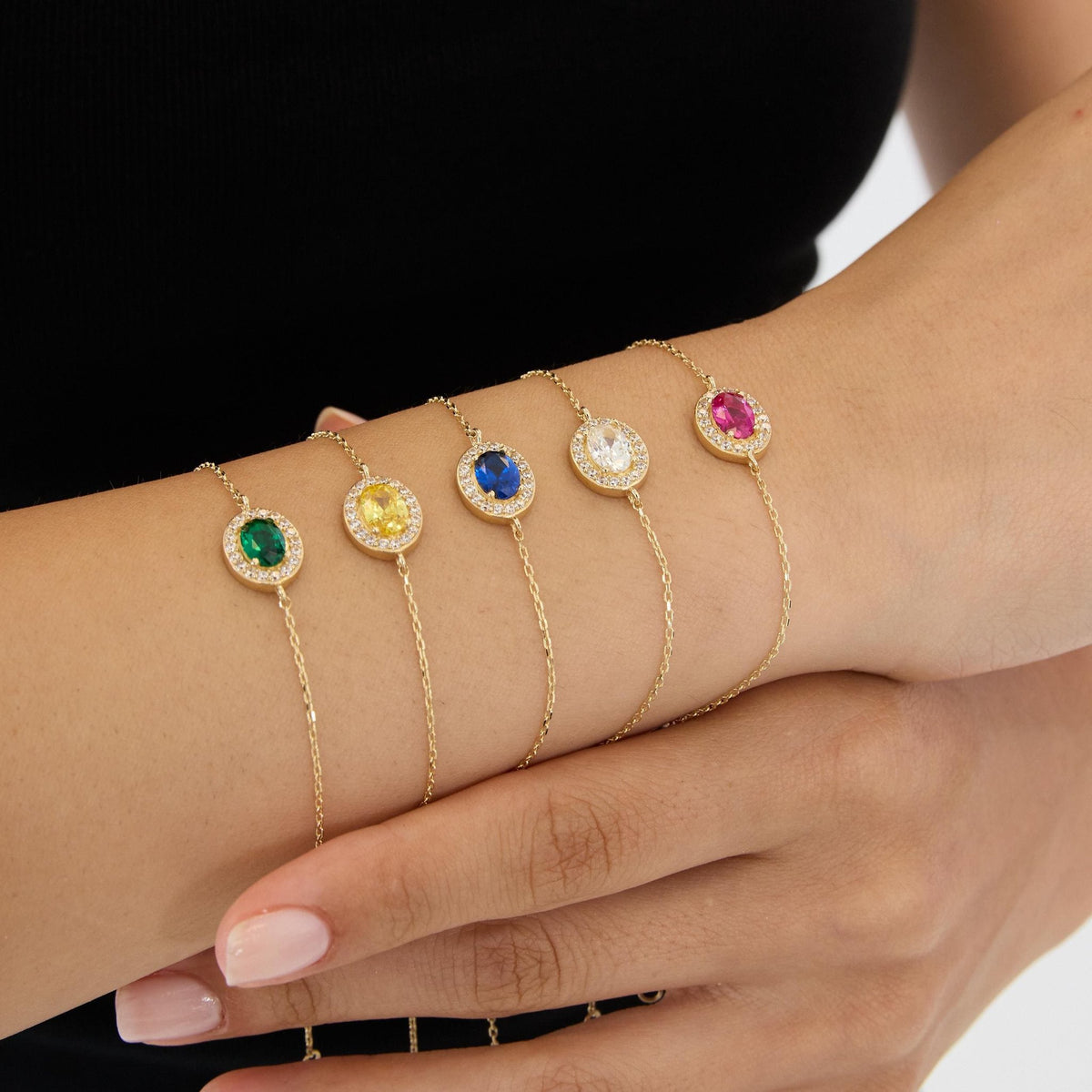 14K gold oval birthstone bracelet, styled view