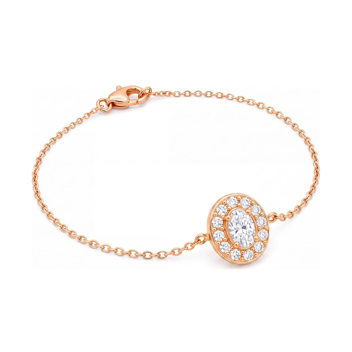 14K rose gold oval birthstone bracelet, clear oval stone in a halo of small stones on a cable chain