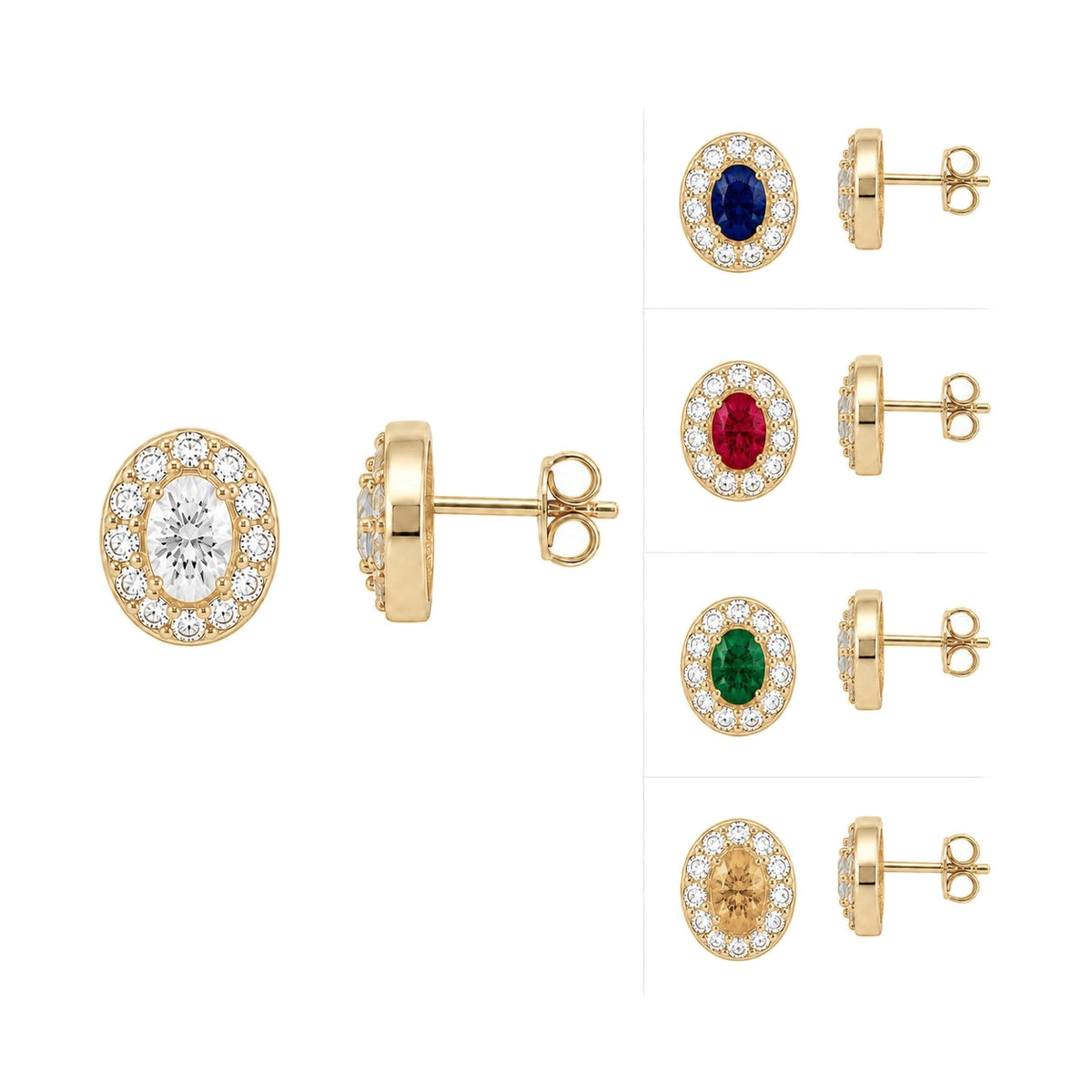 14K yellow gold oval stud earrings, front and side view of cubic zirconia pair with four simulated stone colour options