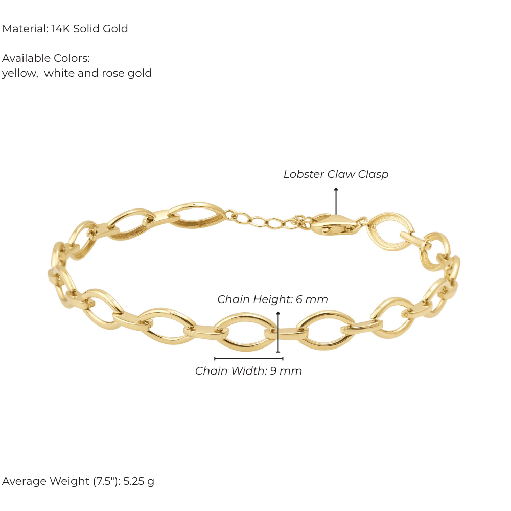 14K solid gold oval link chain bracelet with lobster claw clasp, 6mm height, 9mm width