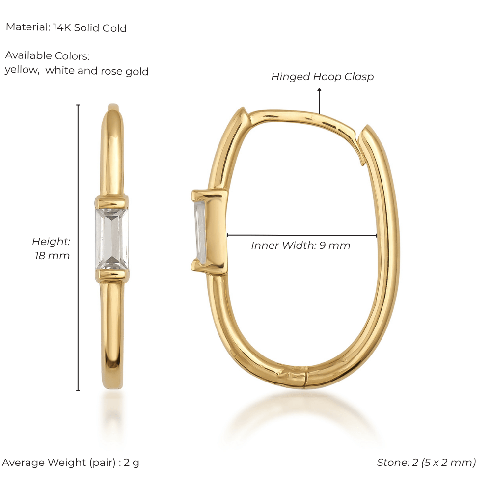 14K solid gold oval minimalist hoop earring with rectangular gemstone and hinged clasp