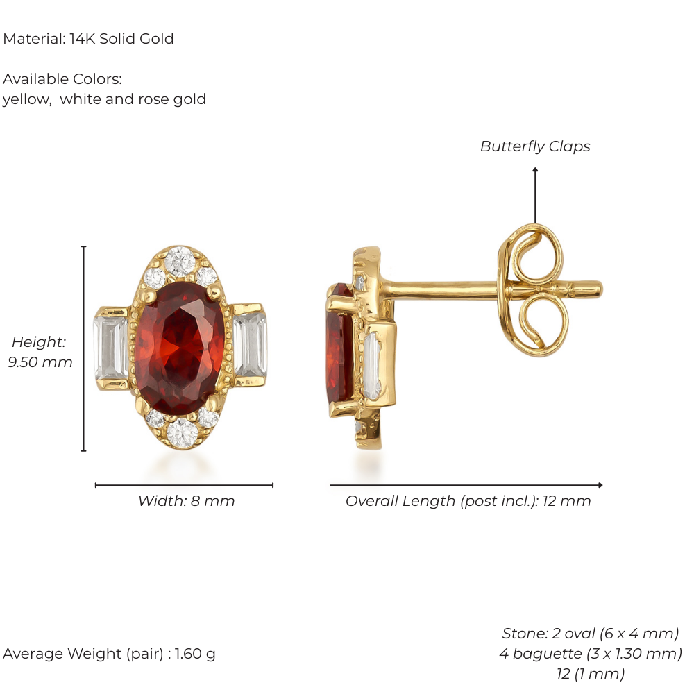 Gold earrings with red gemstones and butterfly clasp, detailed measurements on a white background.