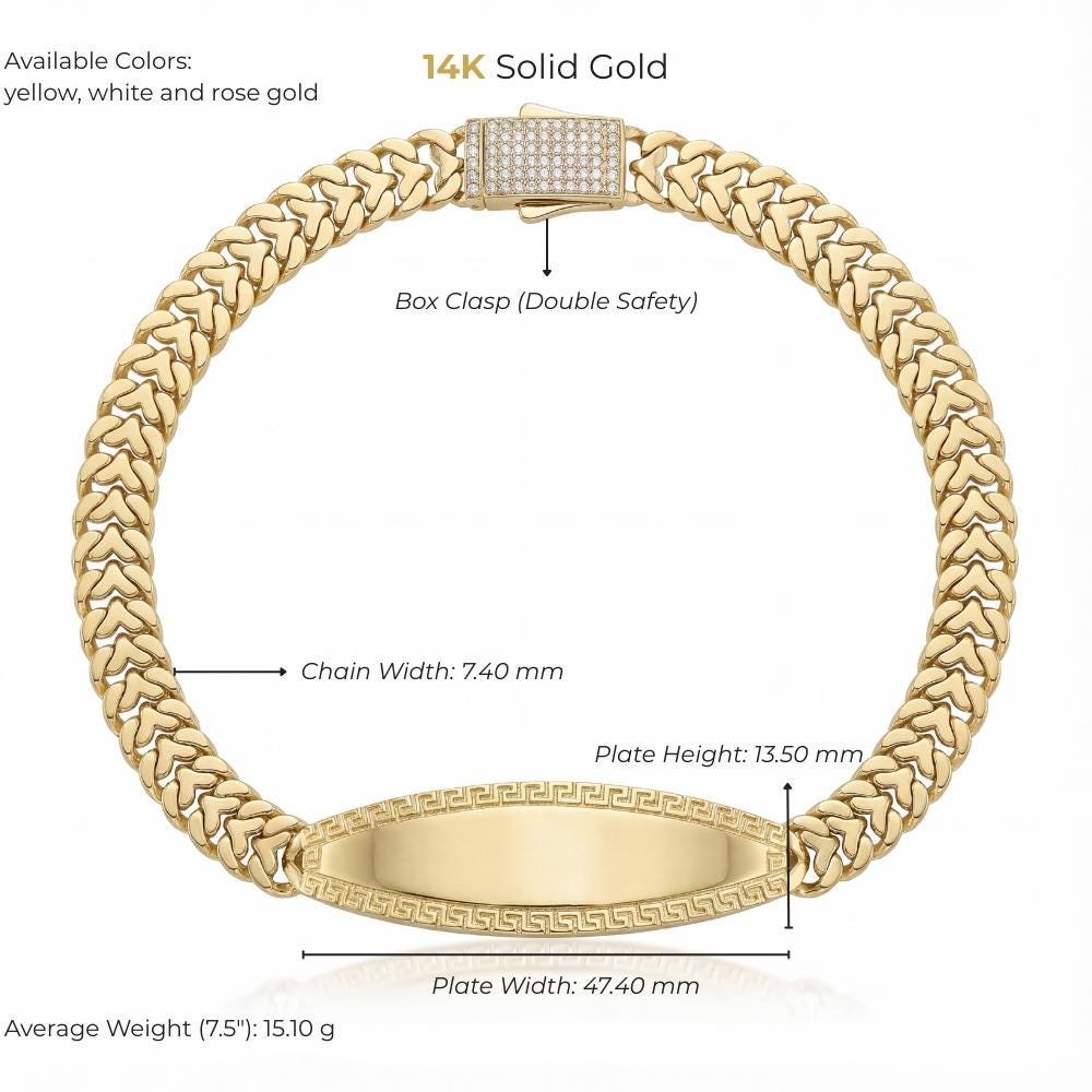 Size chart for the 14K gold personalized id name plate bracelet showing size and weight