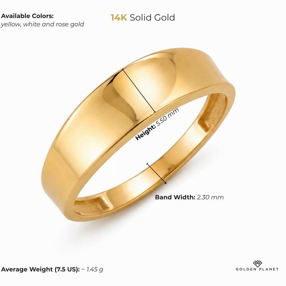 Size chart for the 14K gold plain band ring showing available colors, band width, height, average weight