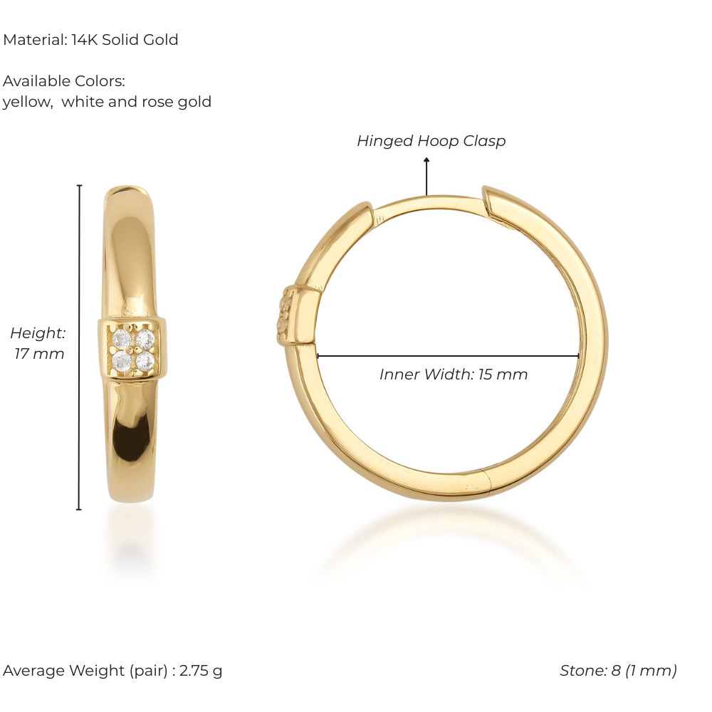 Gold hoop earrings with hinged clasp, material details, and measurements on a white background.