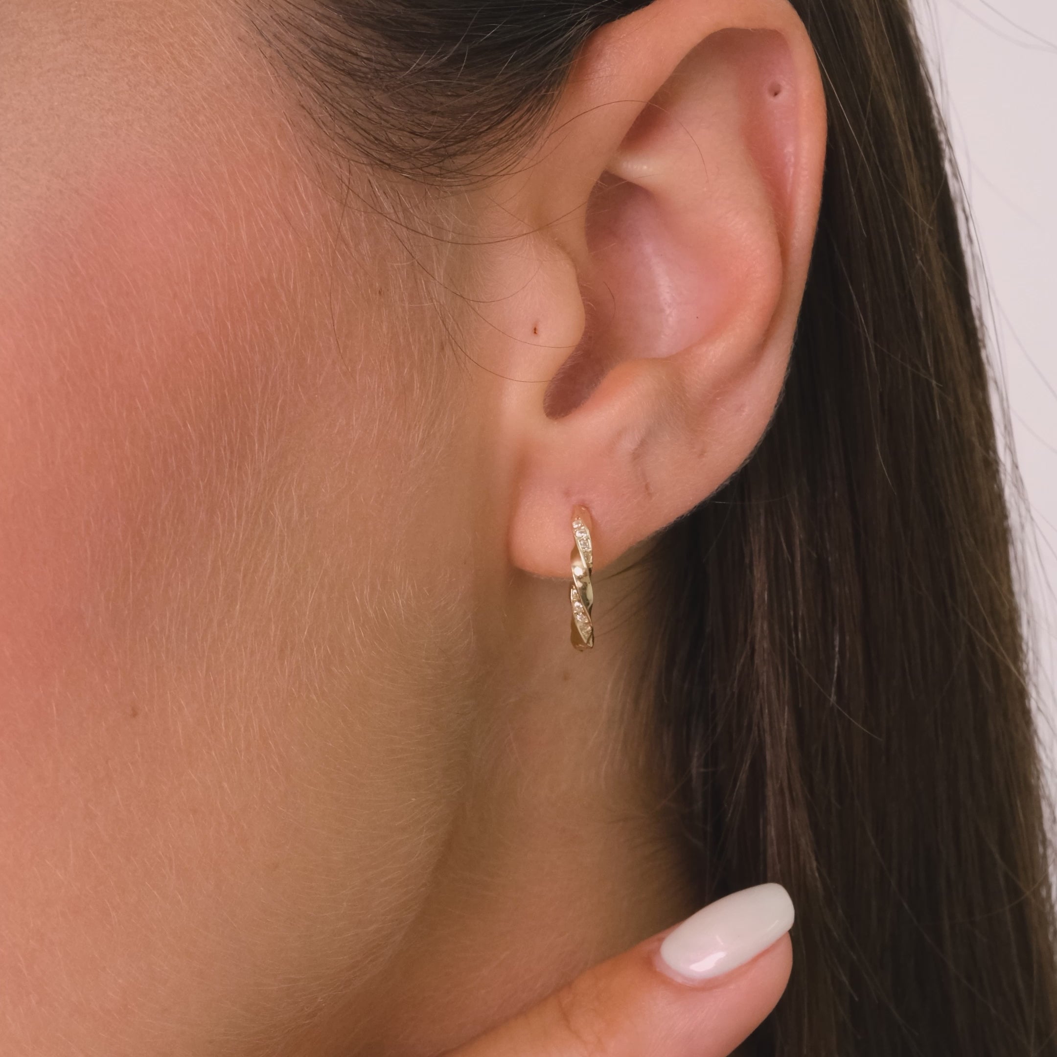 14K Solid Gold Twisted Hoop Earrings – Subtle Spiral Twist, Slightly Chunky Sculptural Hoops with Round Stone Accents