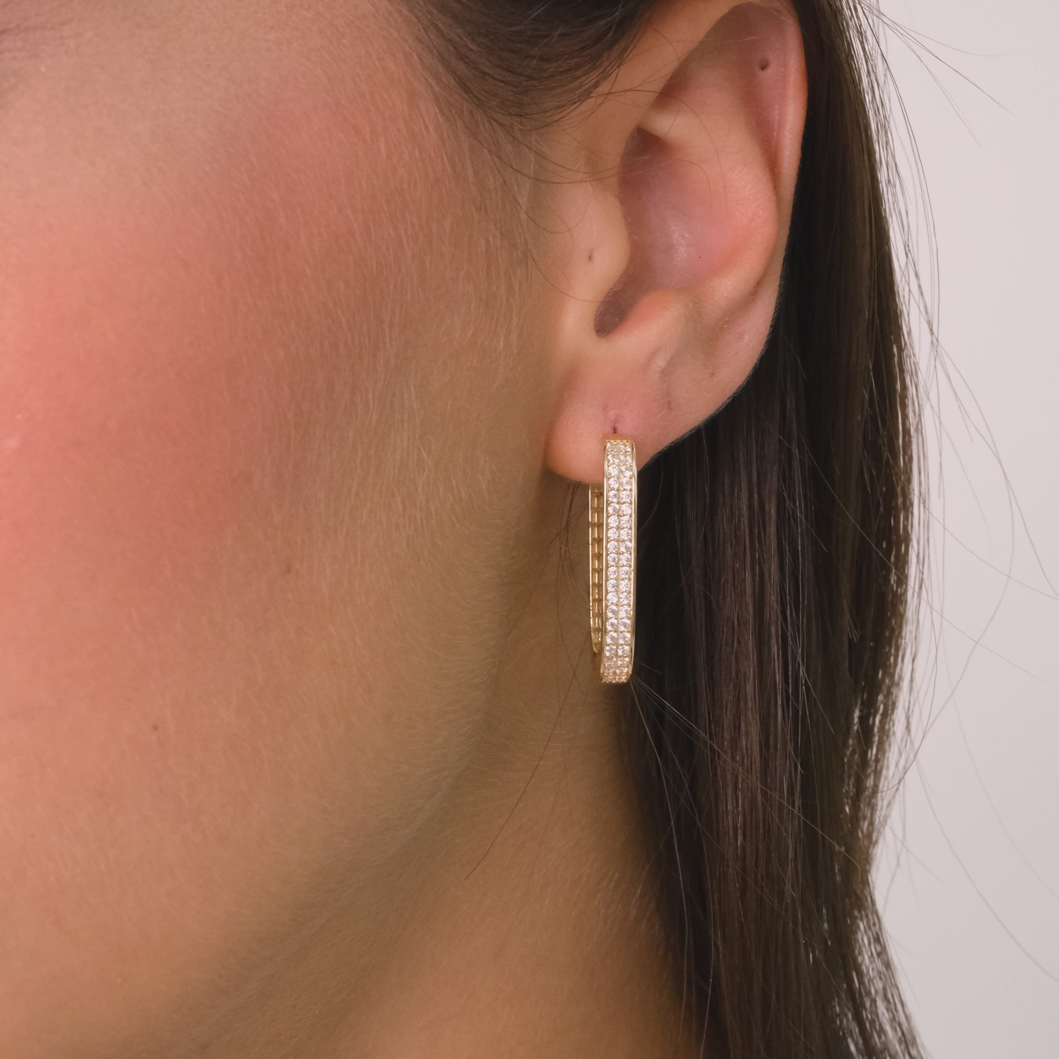 14K Solid Gold Rectangular Hoop Earrings – Bold Oval Hoops with Double Row of Sparkling Stones