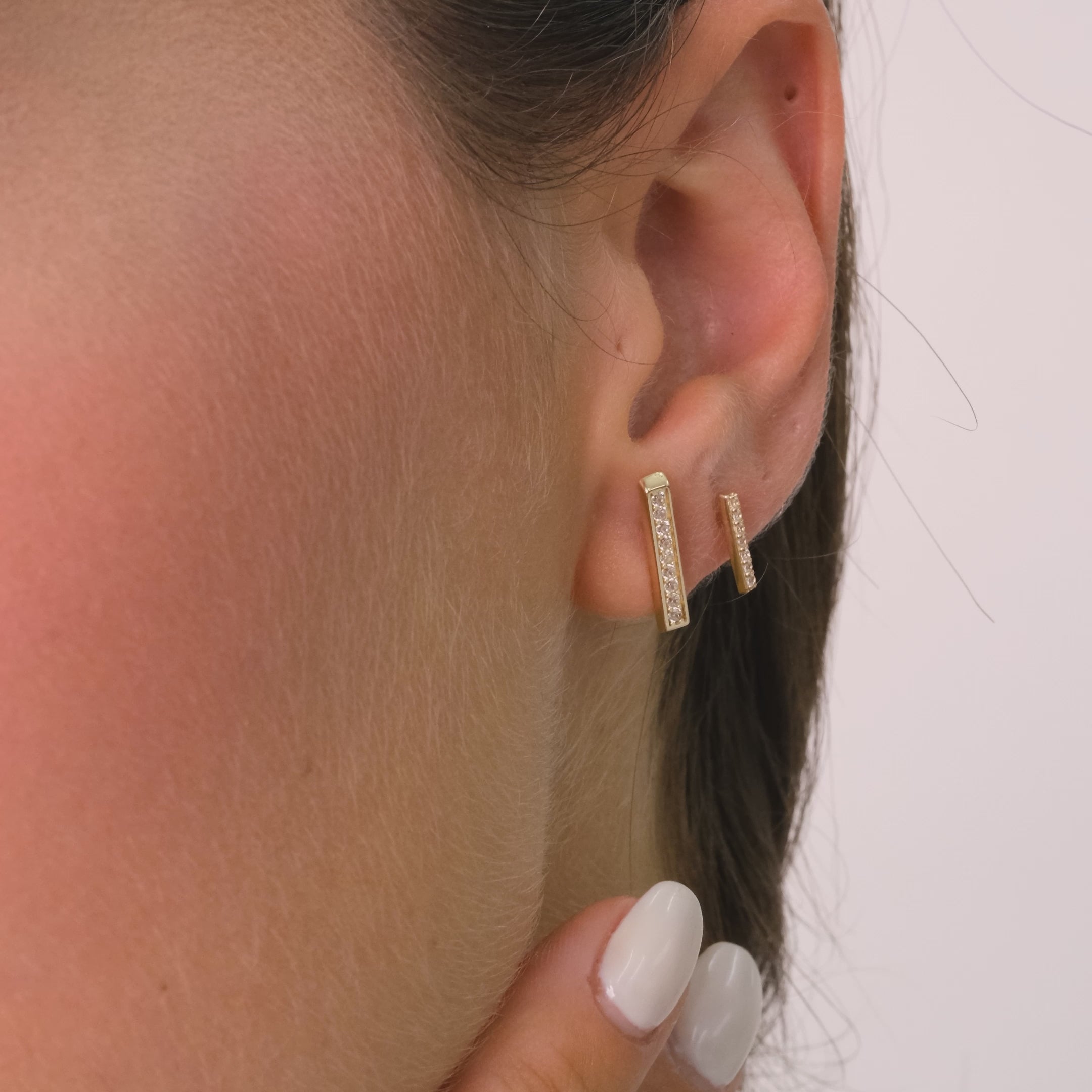 14K Solid Gold Bar Stud Earrings – Minimalist Round Stone Earrings, Two Sizes S & M, Dainty Everyday Jewelry