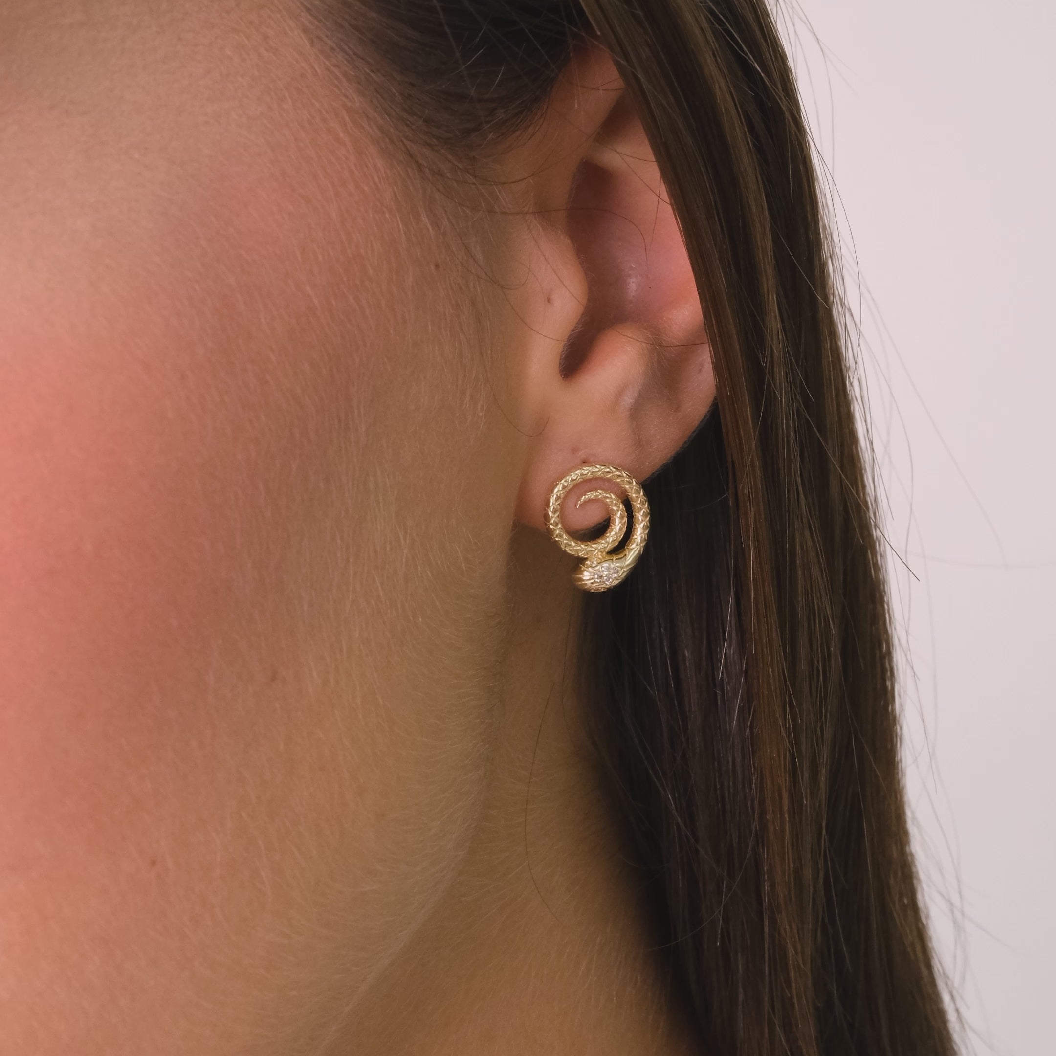 14K Solid Gold Snake Stud Earrings – Spiral Serpent Design with Round Stone Accents, Bold Unique Gold Jewelry