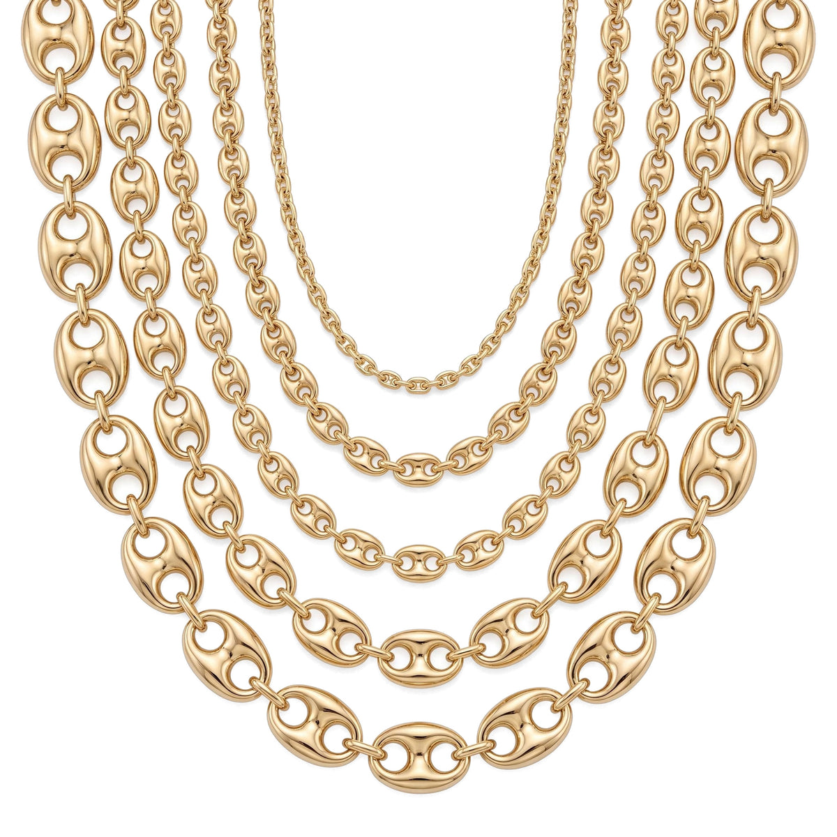 14K yellow gold puffed mariner chain necklace, five graduated chain widths laid flat on a white background