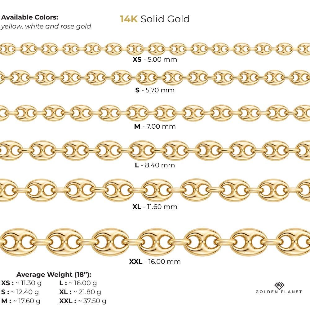 Size chart for the 14K gold puffed mariner chain necklace showing size and weight