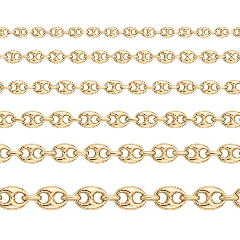 14K yellow gold puffed mariner link bracelet chain shown flat in six widths on a white background