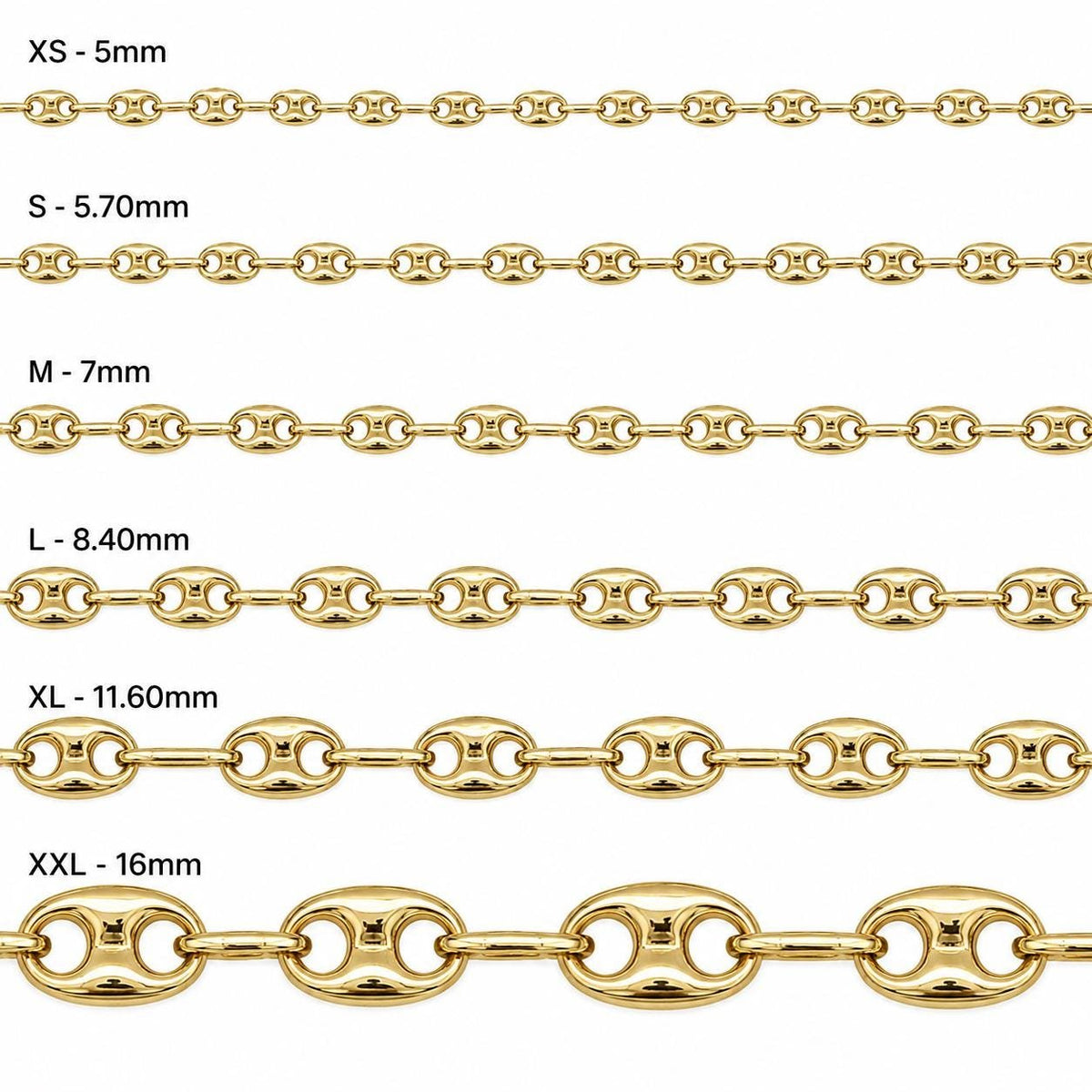 Size chart for the 14K gold puffed mariner link chain bracelet showing size and weight