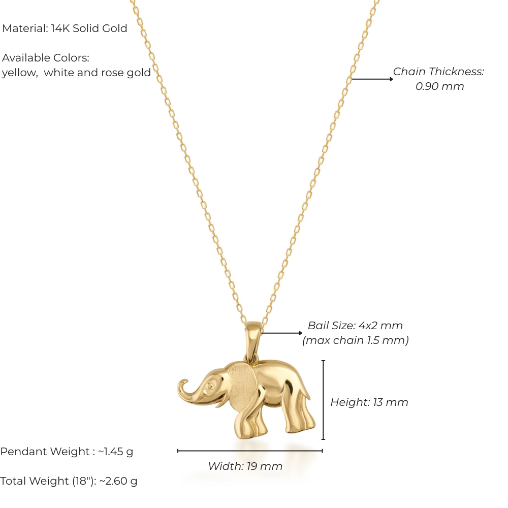 Gold elephant pendant necklace with detailed specifications on a white background
