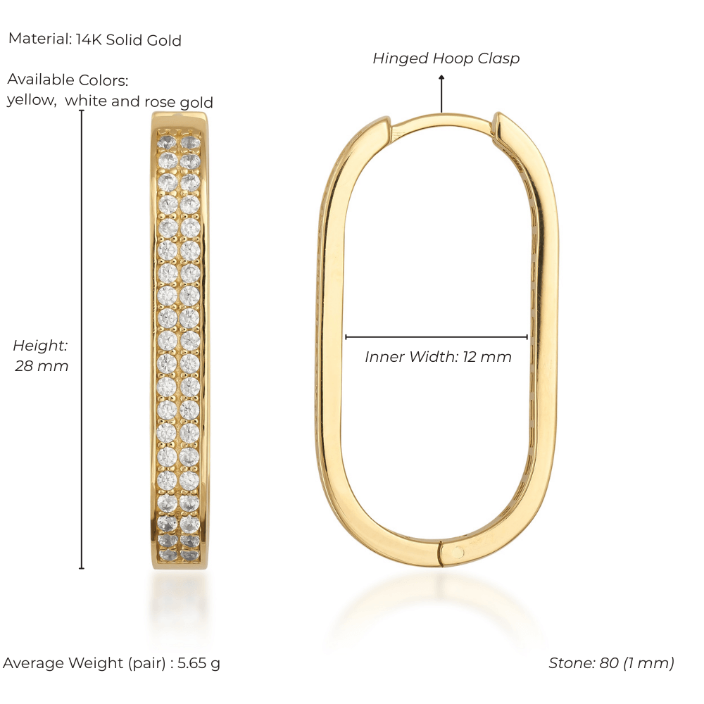 Rectangular 14K solid gold hoop earring with pave-set stones, hinged clasp, 28mm height.