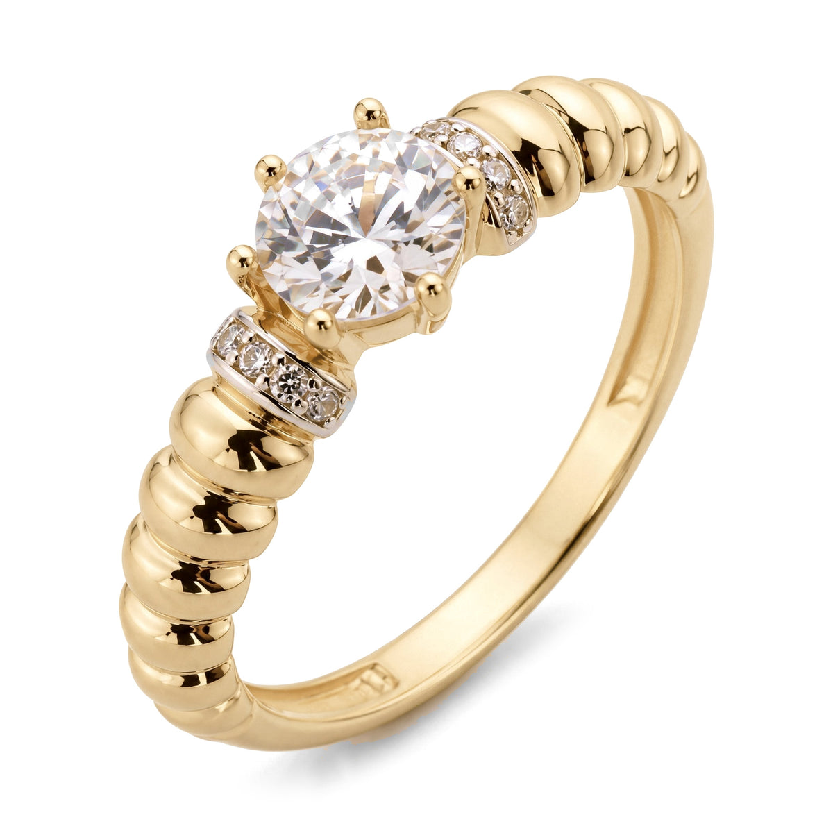 14K yellow gold ribbed band ring with a prong-set round clear stone and small stone accents, on white