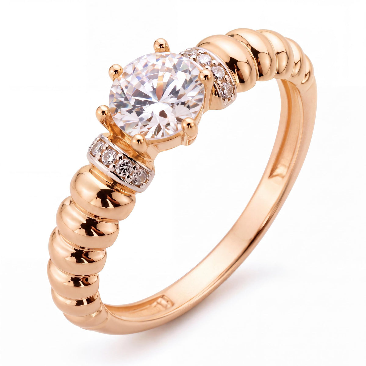 14K gold ribbed band ring, product photo