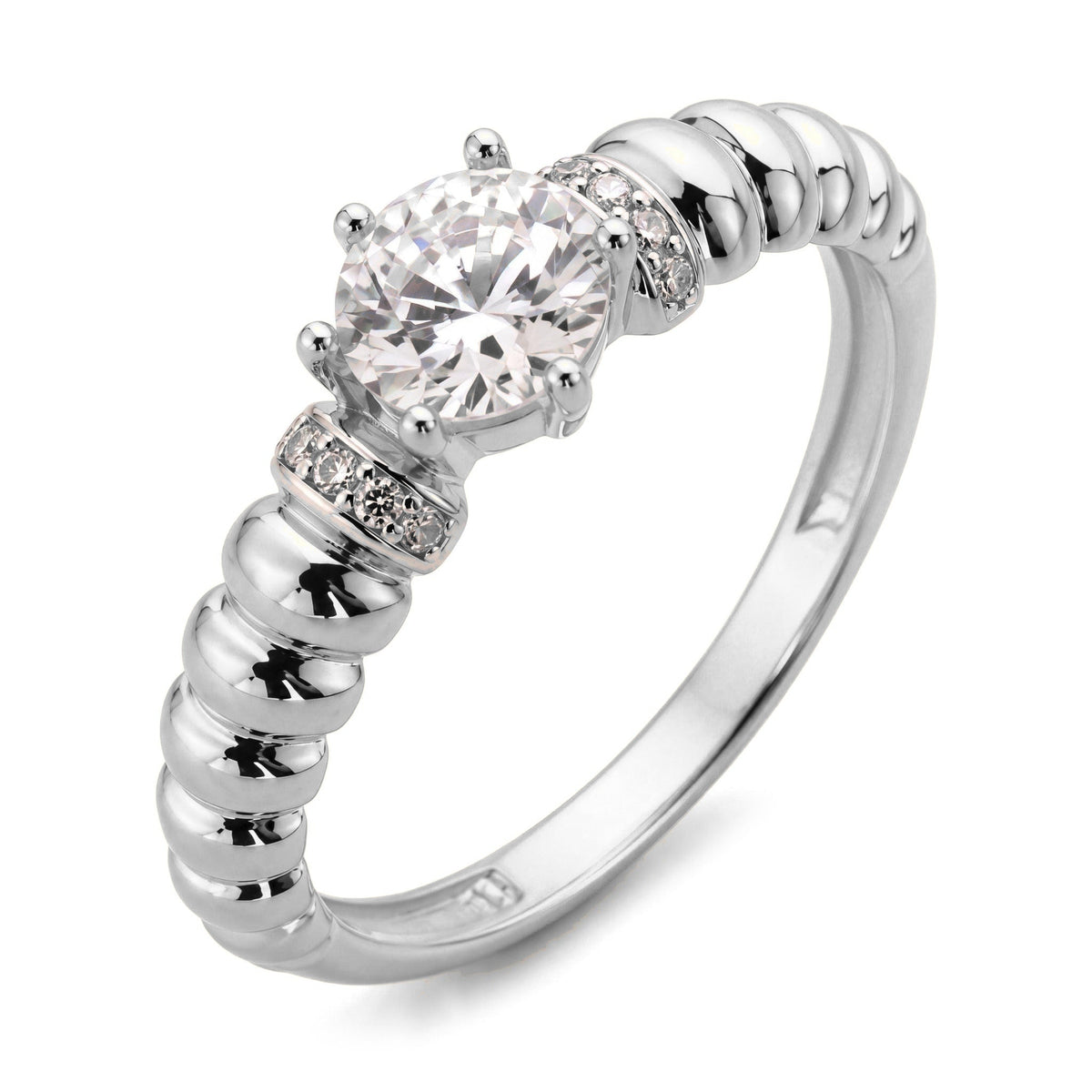 14K white gold ribbed band ring with a prong-set round clear stone and small stone accents, on white