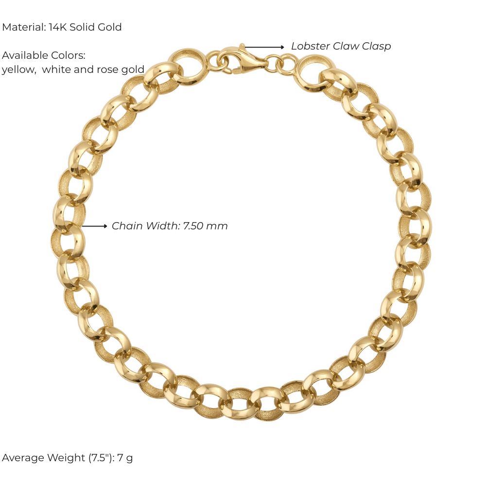 14K solid gold rolo chain bracelet with 7.5mm links and lobster claw clasp