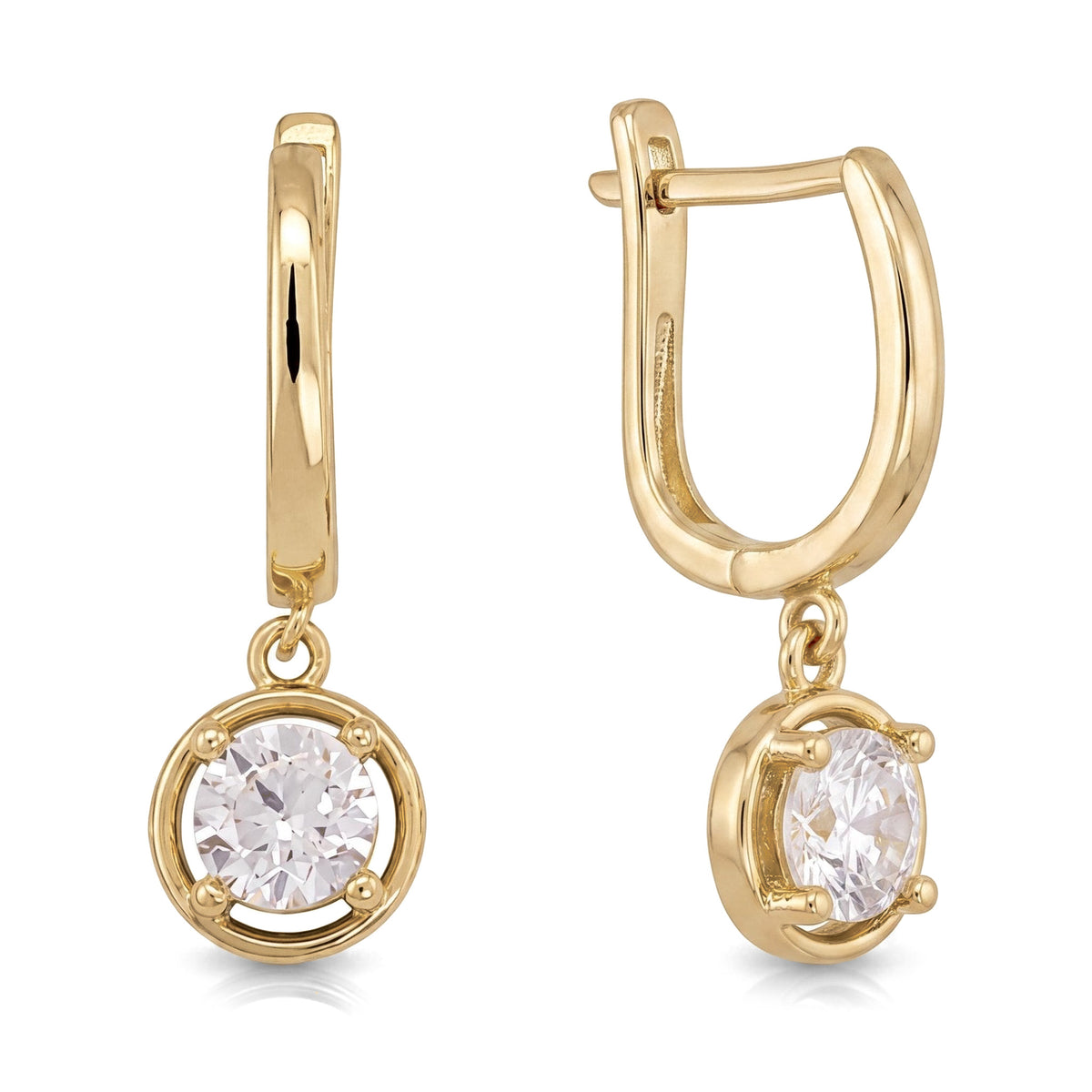 14K yellow gold round CZ solitaire drop hoop earrings, latch-back hoops with a framed round CZ drop, on white