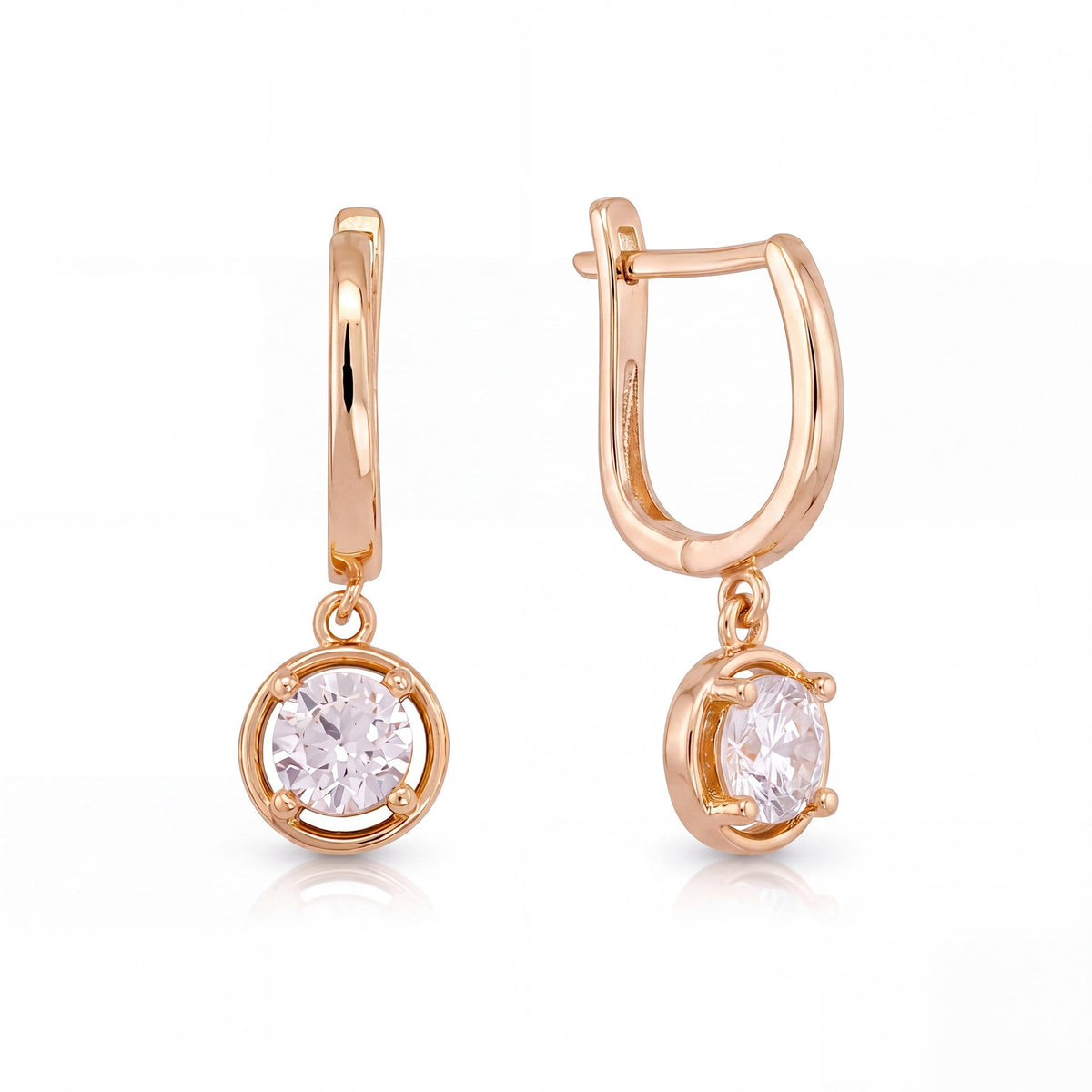 14K gold round cz solitaire drop hoop earrings, product photo