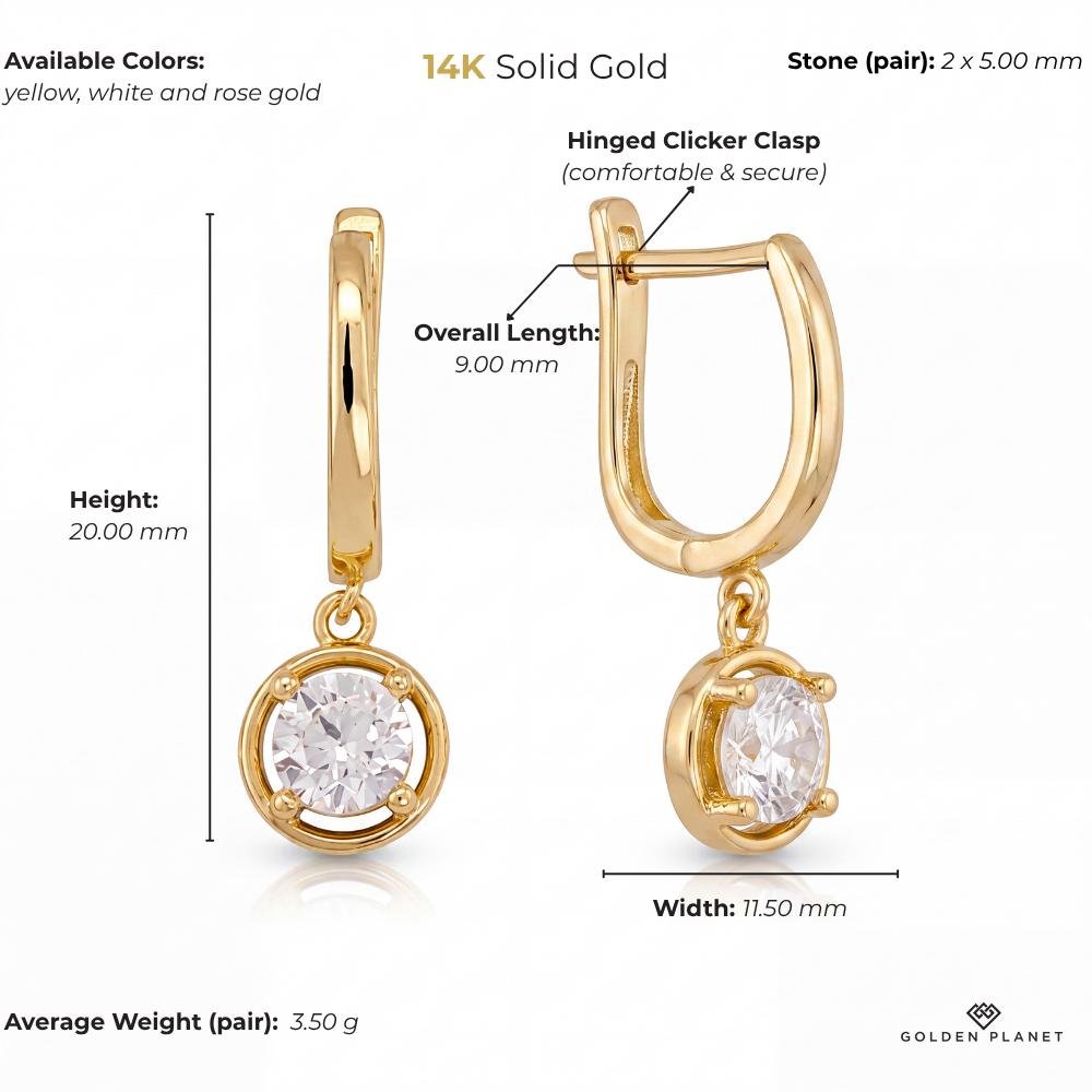 14K gold round cz solitaire drop hoop with cubic zirconia size and weight guide, size and weight guide