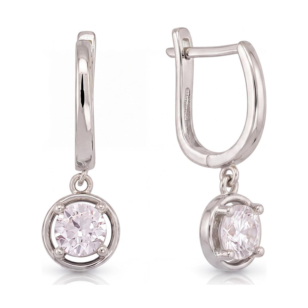 14K white gold round CZ solitaire drop hoop earrings, latch-back hoops with a framed round CZ drop, on white