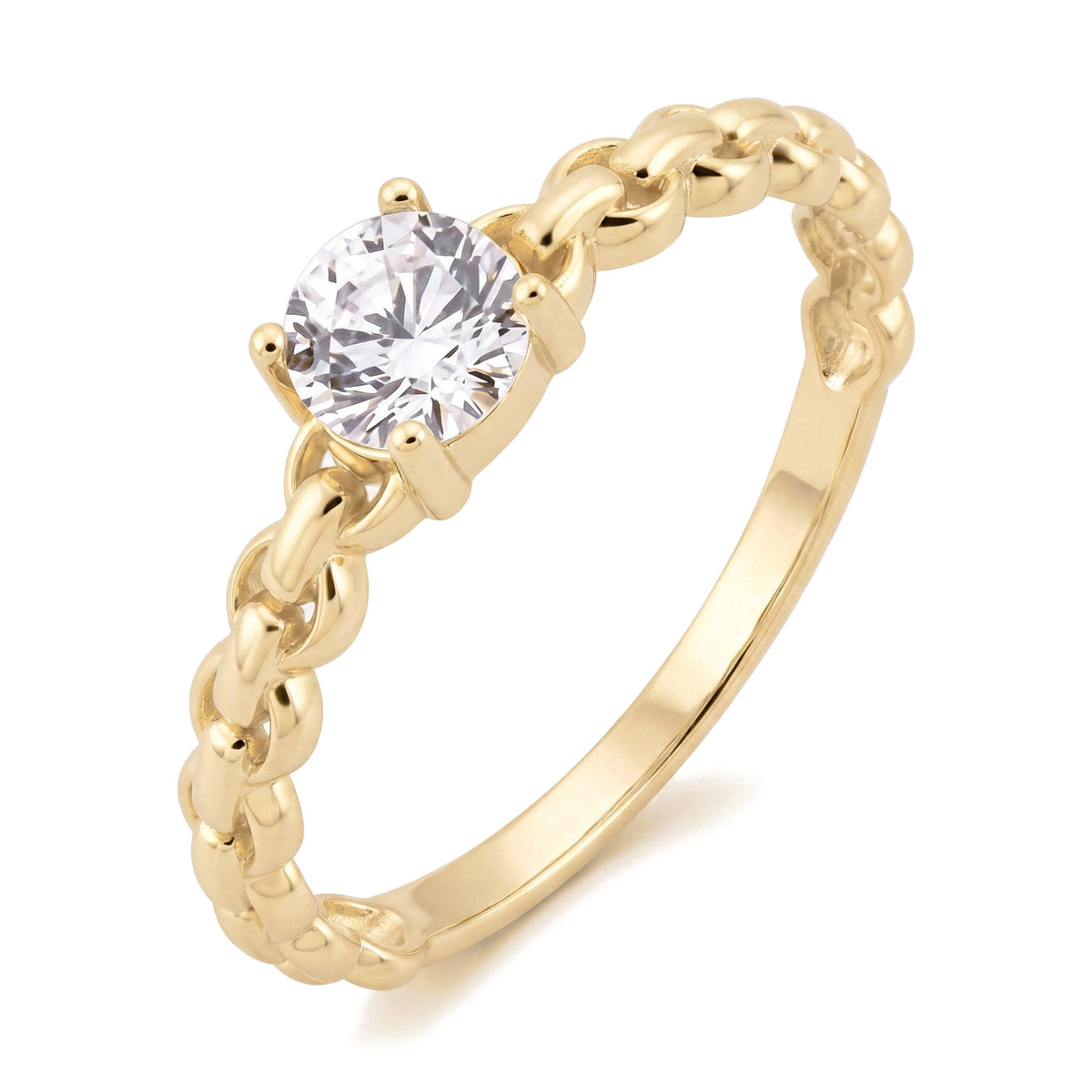 14K yellow gold round CZ solitaire ring, four-prong round CZ on a chain-link style band, on white