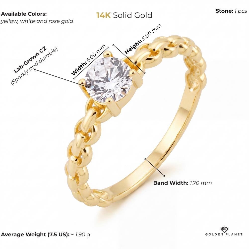 Product info graphic for 14K gold round cz solitaire ring, size and weight guide