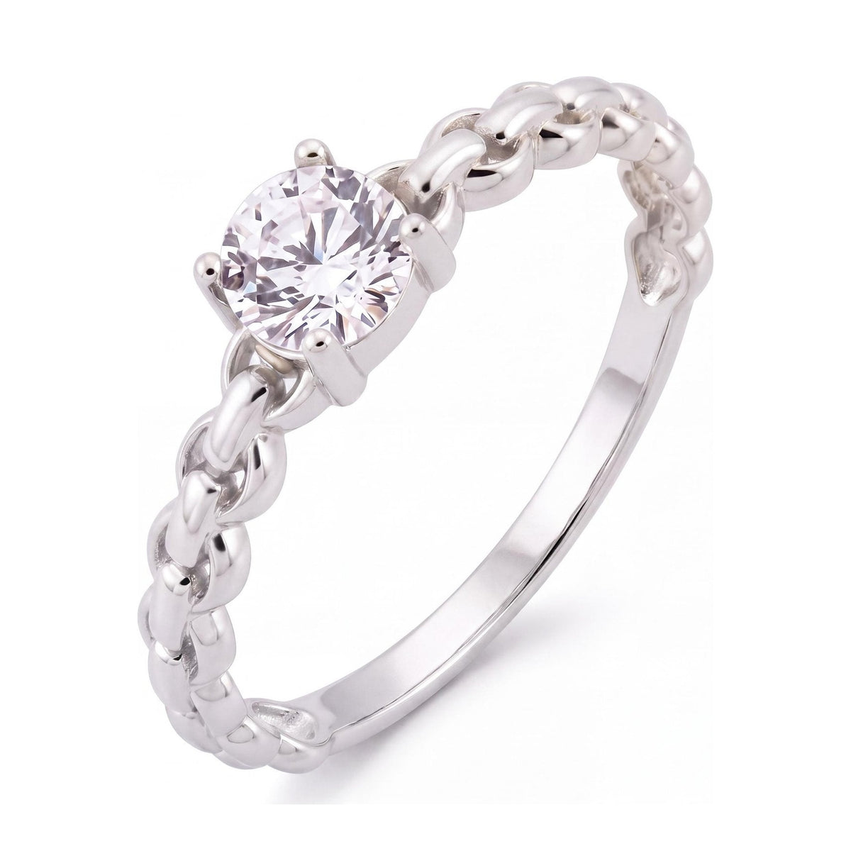 14K white gold round CZ solitaire ring, four-prong round CZ on a chain-link style band, on white