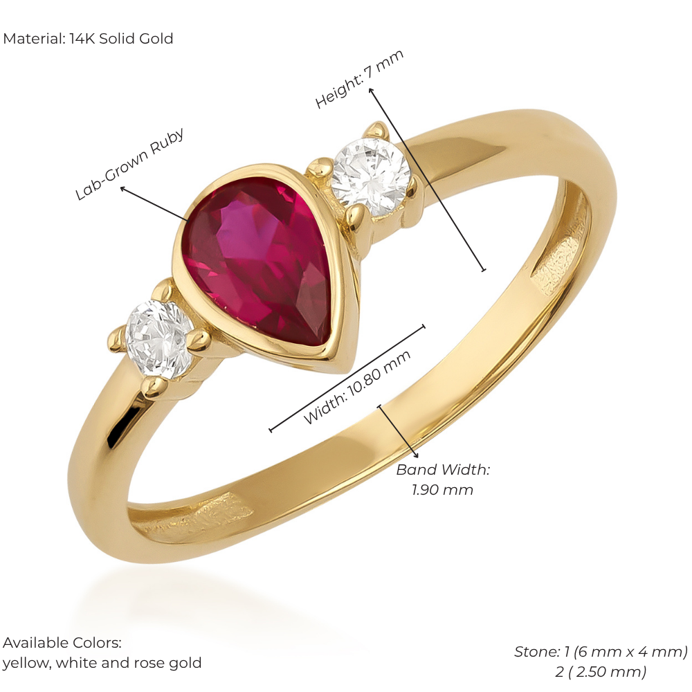 14K Solid Gold Pear-Cut Ruby Vintage Ring with Side Zircon Accents – Lab-Created Gemstone Ring, Engagement, Statement & Stackable Jewelry