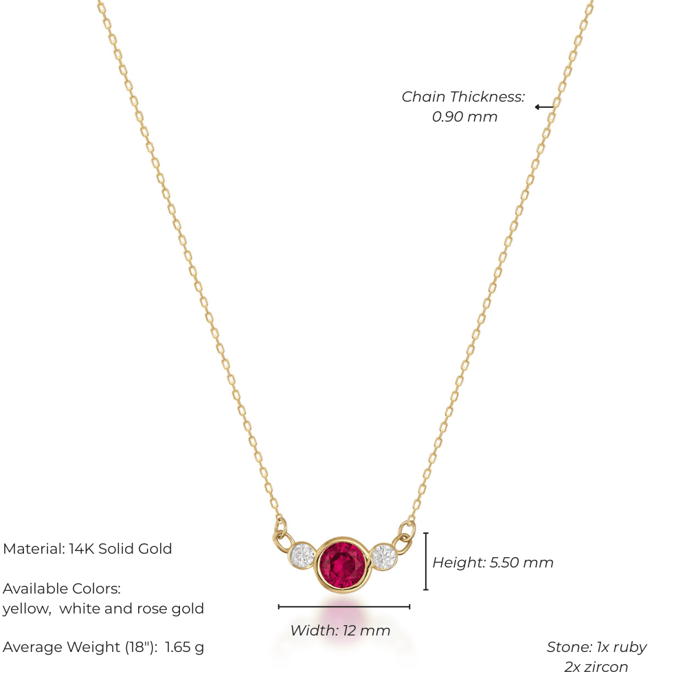 14K gold necklace with central ruby and two zircon stones, delicate chain, gemstone trio design