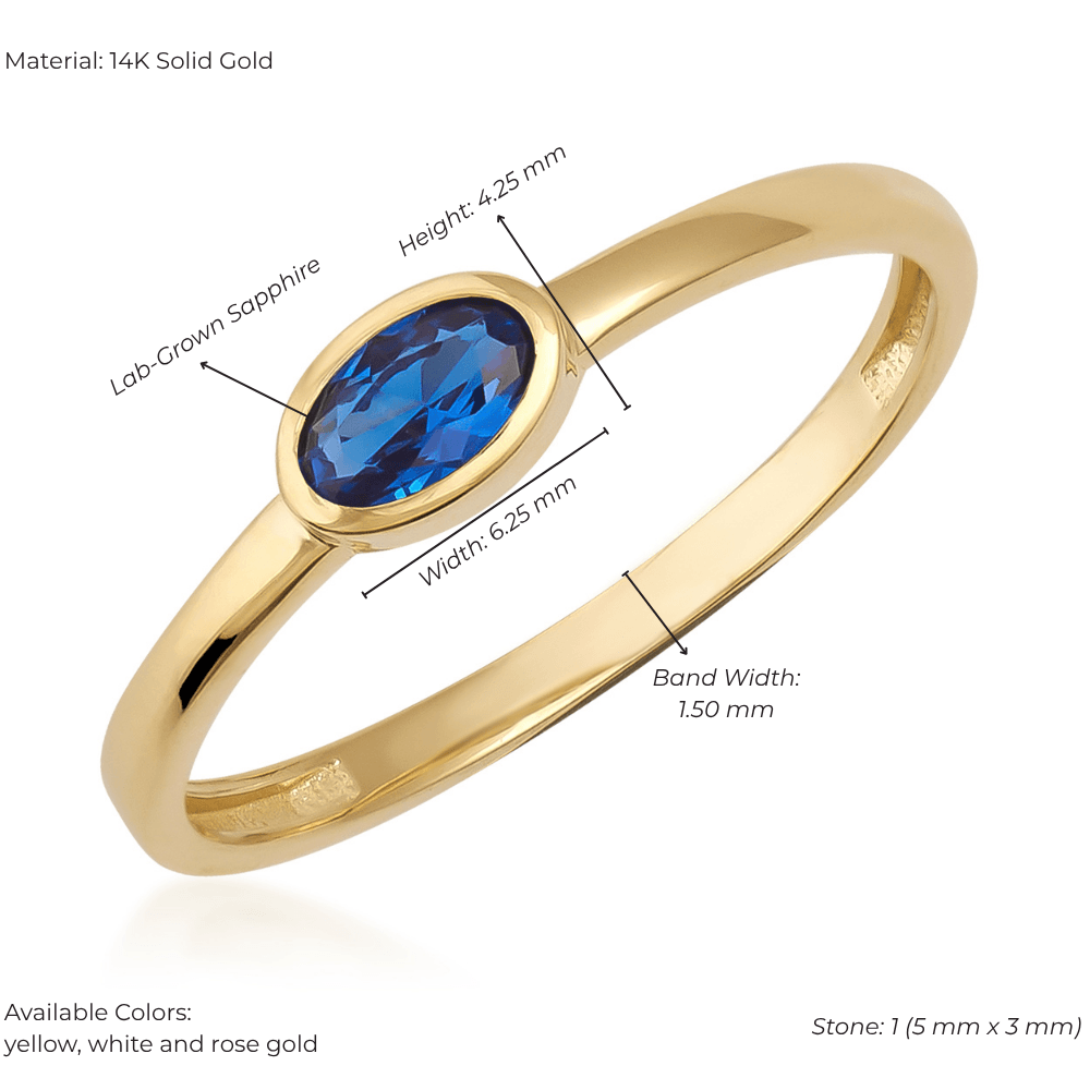 14K gold ring with oval lab-grown sapphire, vintage design, slim band, gemstone accent