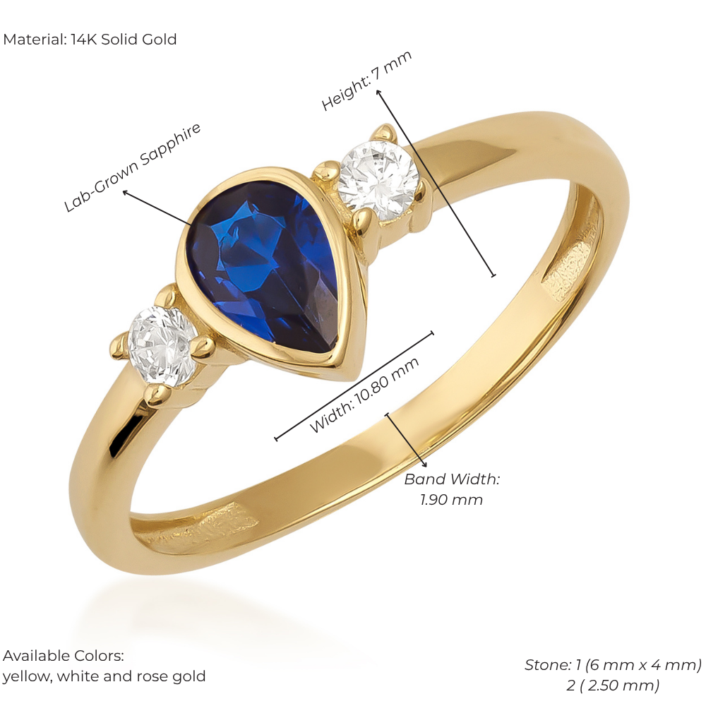14K Solid Gold Pear-Cut Sapphire Vintage Ring with Side Zircon Accents – Lab-Created Gemstone Ring, Engagement, Statement & Stackable Jewelry