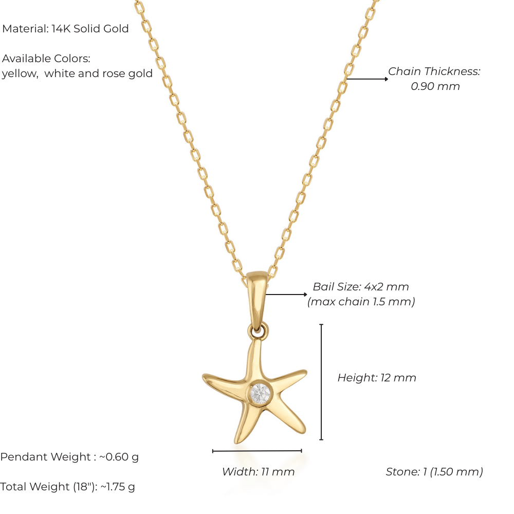 14k gold starfish pendant necklace with diamond accent and fine gold chain
