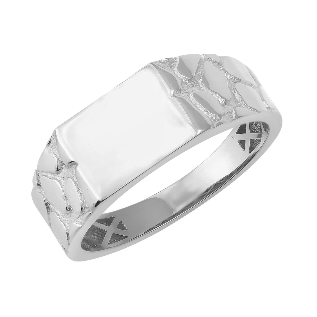 14K white gold ring with textured sides and polished rectangular top, elegant men's jewelry
