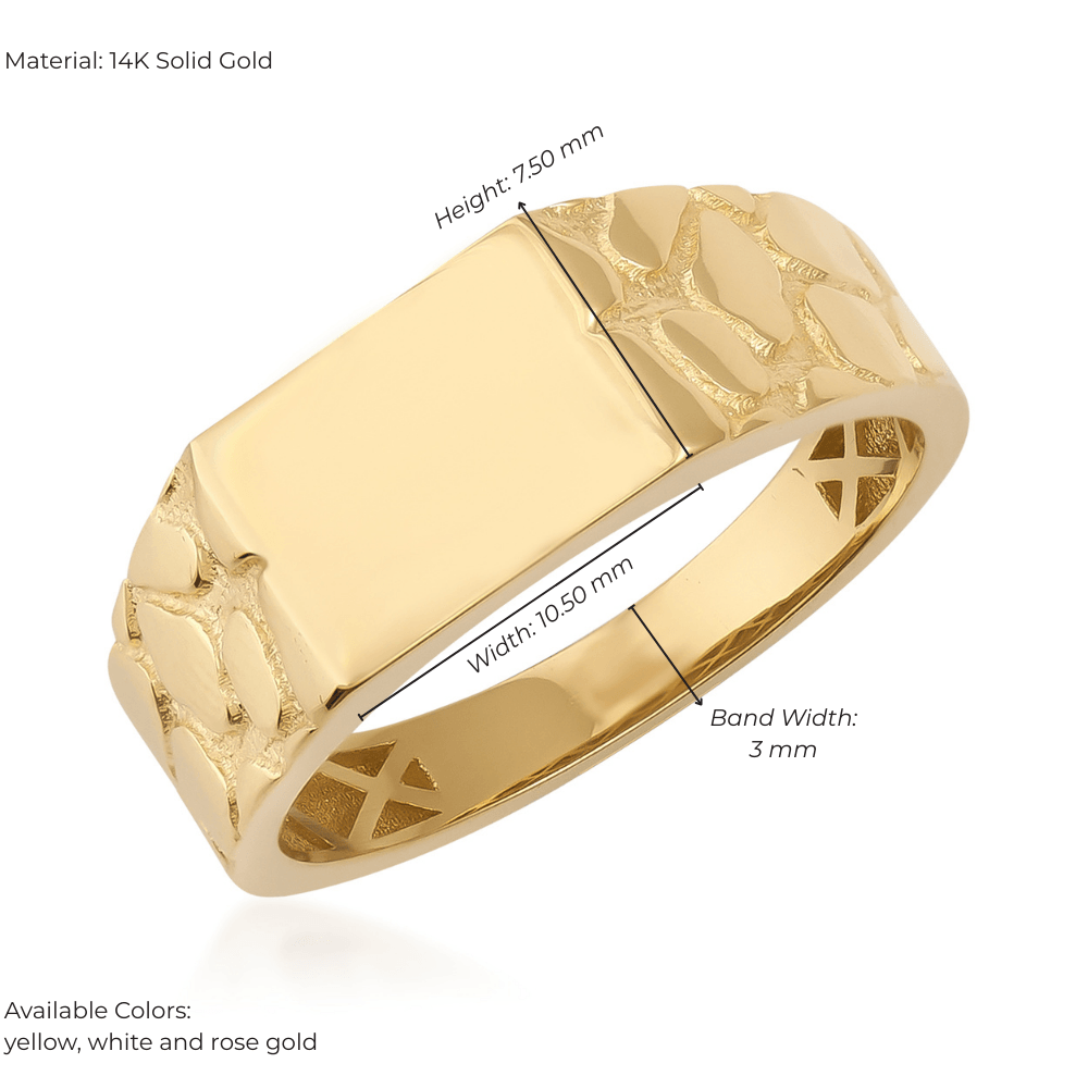 14K solid gold signet nugget ring with textured pattern and rectangular face, jewelry closeup