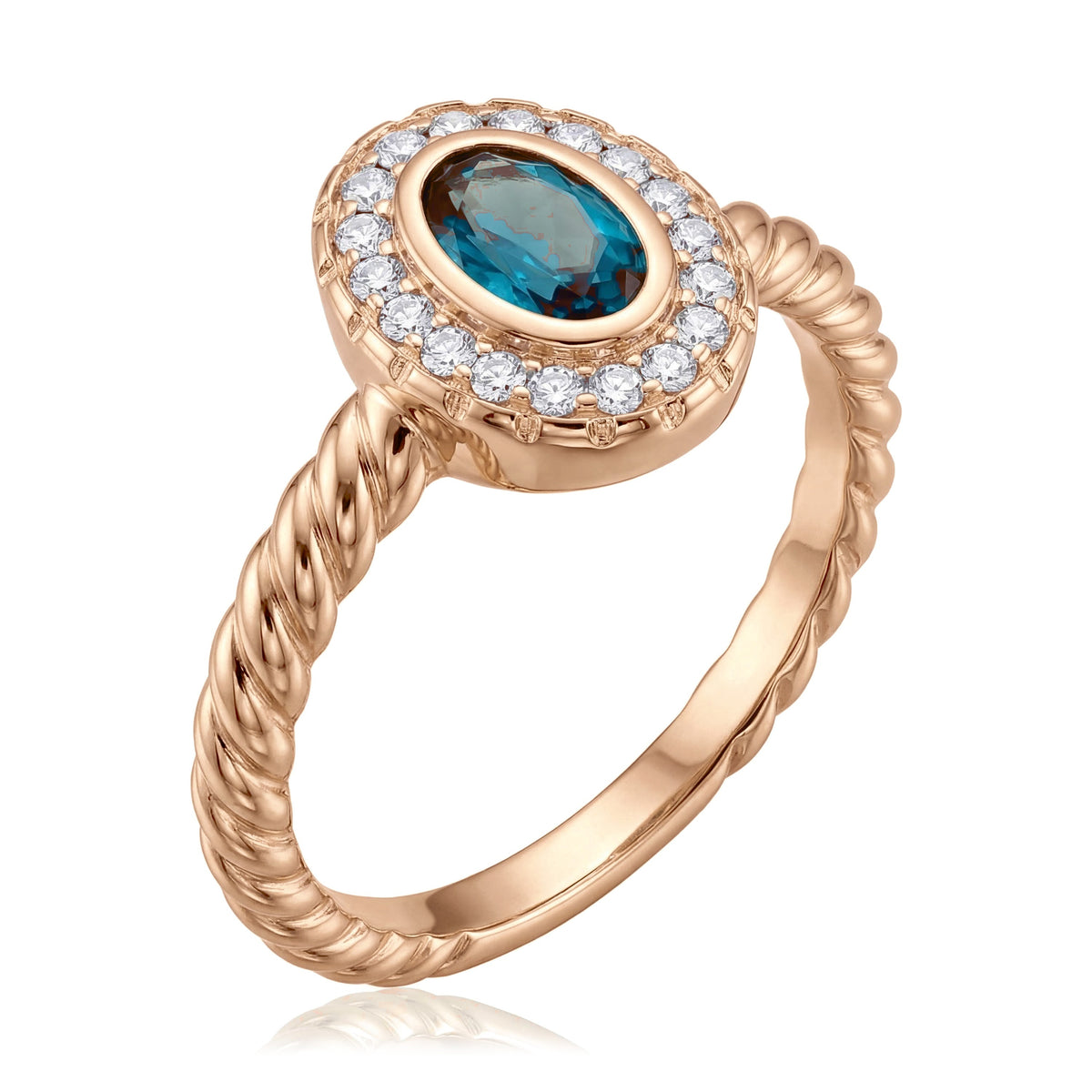 14K rose gold simulated turquoise ring, oval teal stone in a clear stone halo on a twisted rope band, on white